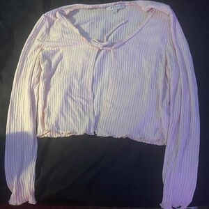 gaze Light Pink Ribbed Tie-Front Long Sleeve Top